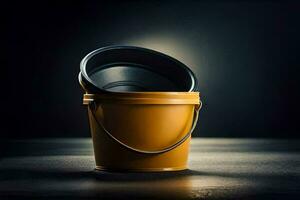 a yellow bucket with a black lid on a dark background. AI-Generated photo