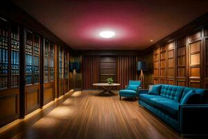 the living room has wooden paneling and a blue couch. AI-Generated photo