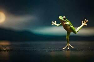 a frog is standing on its hind legs in the dark. AI-Generated photo