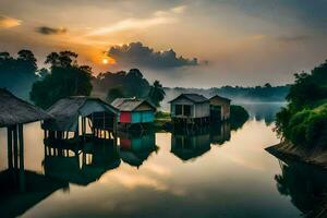 the sun rises over a river and some small huts. AI-Generated photo