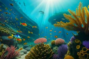 un vistoso coral arrecife con pescado y otro marina vida. generado por ai foto