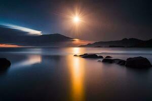 el Luna es brillante terminado el Oceano y rocas generado por ai foto