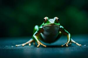 a frog is sitting on a dark surface. AI-Generated photo