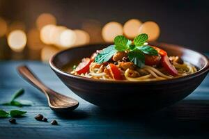 a bowl of noodles with vegetables and spices. AI-Generated photo