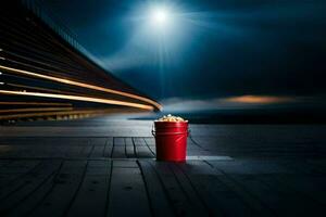 a red bucket sitting on a wooden floor with a light shining on it. AI-Generated photo