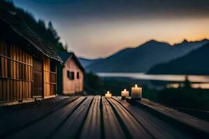 candles on a wooden boardwalk in front of a cabin. AI-Generated photo