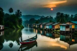 a boat sits on the water in front of a village. AI-Generated photo