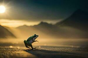 un rana es en pie en un playa en frente de el Dom. generado por ai foto