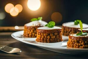 three small cakes on a plate with a fork. AI-Generated photo