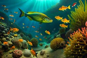 un vistoso submarino escena con pescado y coral. generado por ai foto