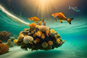 fish swimming in the ocean with coral reefs. AI-Generated photo