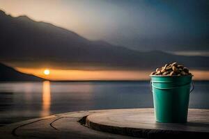 a bucket of nuts on a wooden table in front of the sea. AI-Generated photo