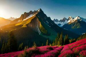 el Dom brilla terminado un montaña rango con rosado flores generado por ai foto