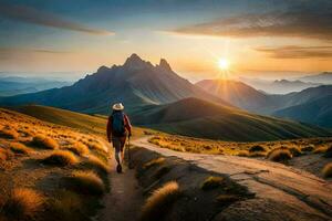 el hombre es caminando en el camino en el montañas. generado por ai foto