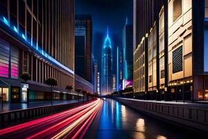 un ciudad calle a noche con luces en el edificios generado por ai foto