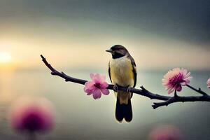 a bird sits on a branch with pink flowers. AI-Generated photo