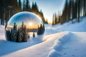 a mirror ball reflecting the sun in the snow. AI-Generated photo