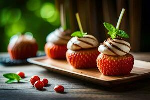 strawberries with whipped cream and mint on a wooden tray. AI-Generated photo