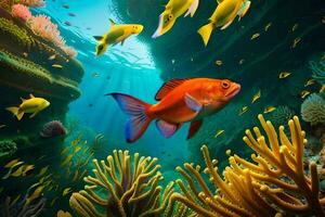 a colorful fish swims in the ocean with coral reefs. AI-Generated photo