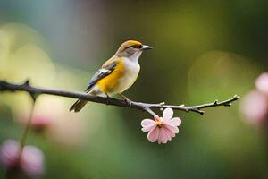 a small bird sits on a branch with pink flowers. AI-Generated photo