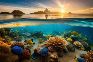 the sun rises over the ocean and a coral reef. AI-Generated photo