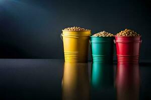 three colorful buckets with different types of food. AI-Generated photo