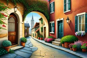 an illustration of a street with flowers and potted plants. AI-Generated photo