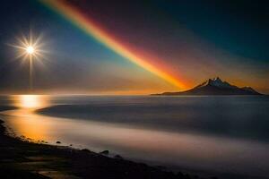 un arco iris terminado el Oceano y un montaña. generado por ai foto