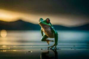un rana es en pie en el agua a puesta de sol. generado por ai foto