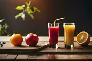 two glasses of juice and an apple on a table. AI-Generated photo