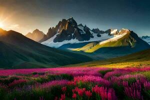 the sun rises over the mountains and flowers in the foreground. AI-Generated photo