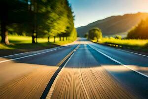 a blurry image of a road with trees and grass. AI-Generated photo