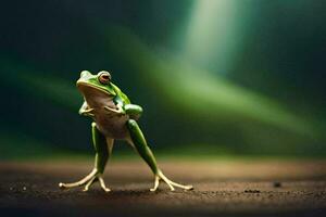 a frog standing on its hind legs with its arms outstretched. AI-Generated photo