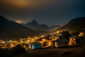 un pueblo en el montañas a noche. generado por ai foto