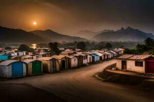 un pueblo de de madera chozas en el medio de un desierto. generado por ai foto