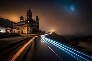 a long exposure photograph of a road at night with lights on the road. AI-Generated photo