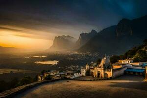 the sun sets over a mountain village in italy. AI-Generated photo