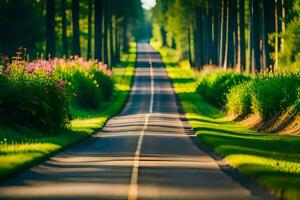 un largo la carretera con arboles y césped en ambos lados generado por ai foto