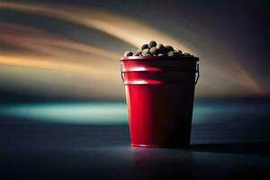 a red bucket filled with beans on a dark background. AI-Generated photo