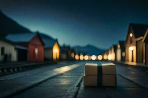 un caja sentado en un tren pista a noche. generado por ai foto