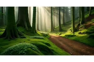 a path through a green forest with mossy trees. AI-Generated photo