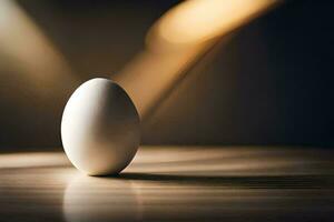 un huevo sentado en un mesa con un ligero detrás él. generado por ai foto