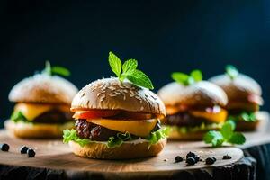 hamburgers on a wooden board with herbs. AI-Generated photo