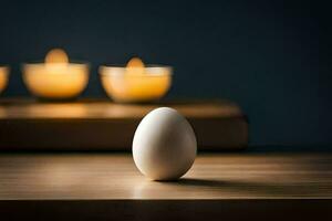 a white egg sits on a table in front of candles. AI-Generated photo