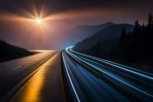 un largo exposición fotografía de un autopista a noche. generado por ai foto