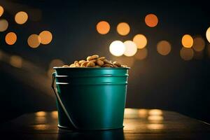 a bucket of peanuts on a table with bokeh lights. AI-Generated photo