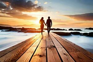 a couple walks on a wooden pier at sunset. AI-Generated photo