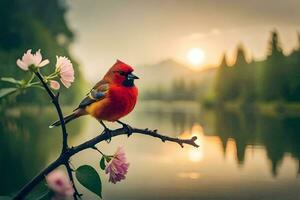 a red bird sits on a branch near a lake. AI-Generated photo