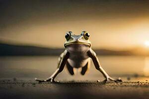 a frog standing on the beach at sunset. AI-Generated photo