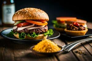 a hamburger with vegetables and corn on a wooden table. AI-Generated photo